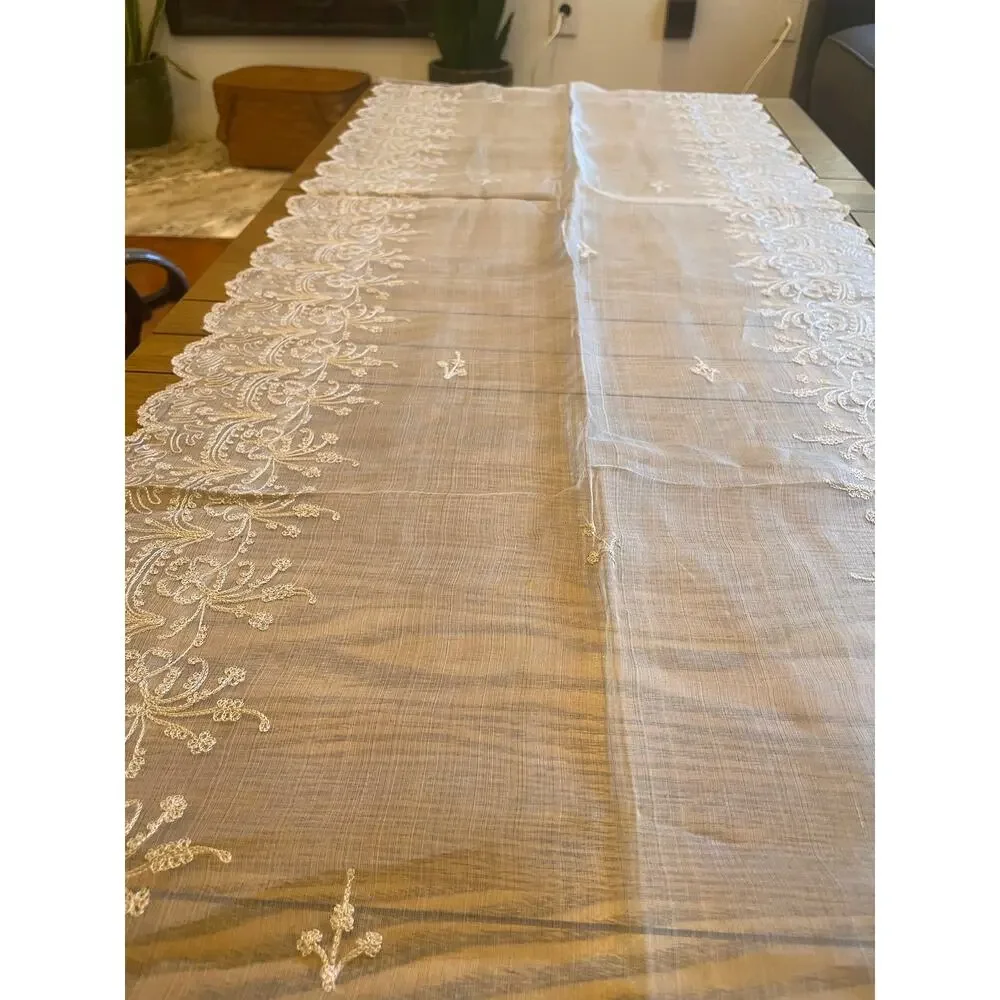 Vintage Embroidered Lace Table Runner Sheer White Floral 70 x 21 Dresser Scarf